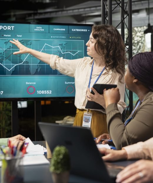 Ambitious female associates assembling in the office to set new objectives for enterprise success and development, empowerment and corporate feminism. Synergy between goals and vision.
