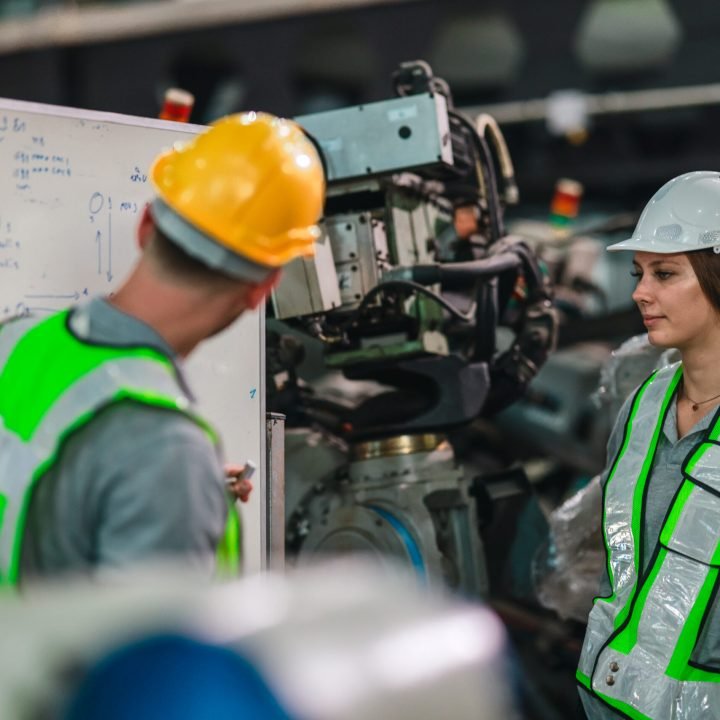 Engineer and technician in safety gear collaborate while inspecting robotic arm machinery in a modern factory setting. The scene highlights teamwork, technology, and advanced manufacturing processes